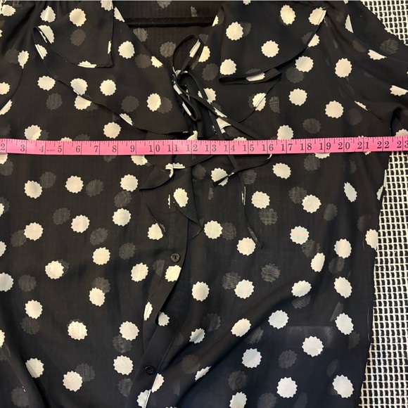 Black Sheer Polka Dot Flowy Long Sleeve Blouse, button front ruffle placket - Picture 8 of 9